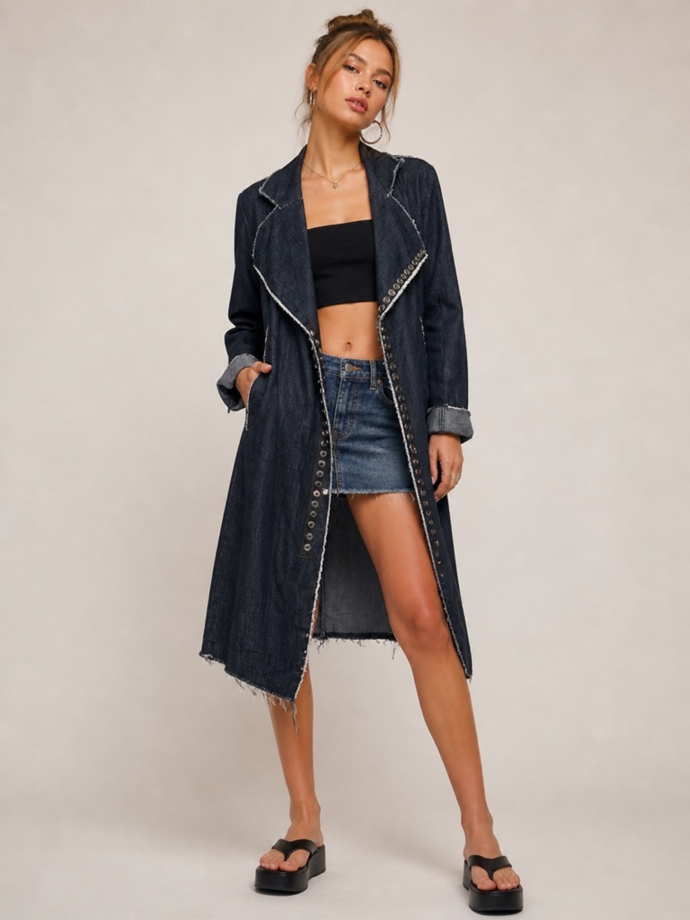 Indie Sleaze Distressed Denim Trench Coat Snap Button Fairy Grunge Steampunk